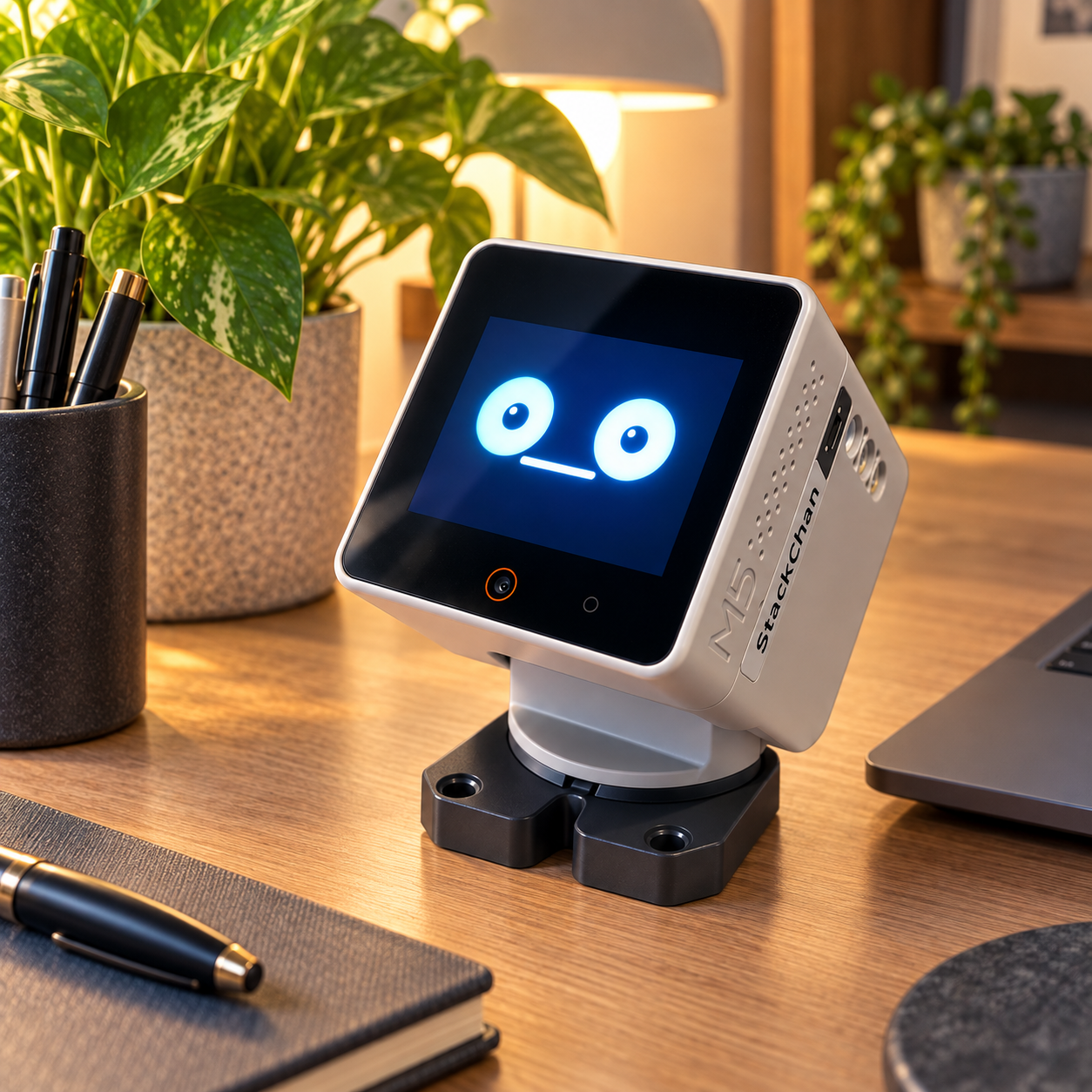 Mini Beacon, an M5Stack StackChan robot, sitting on a wooden desk.